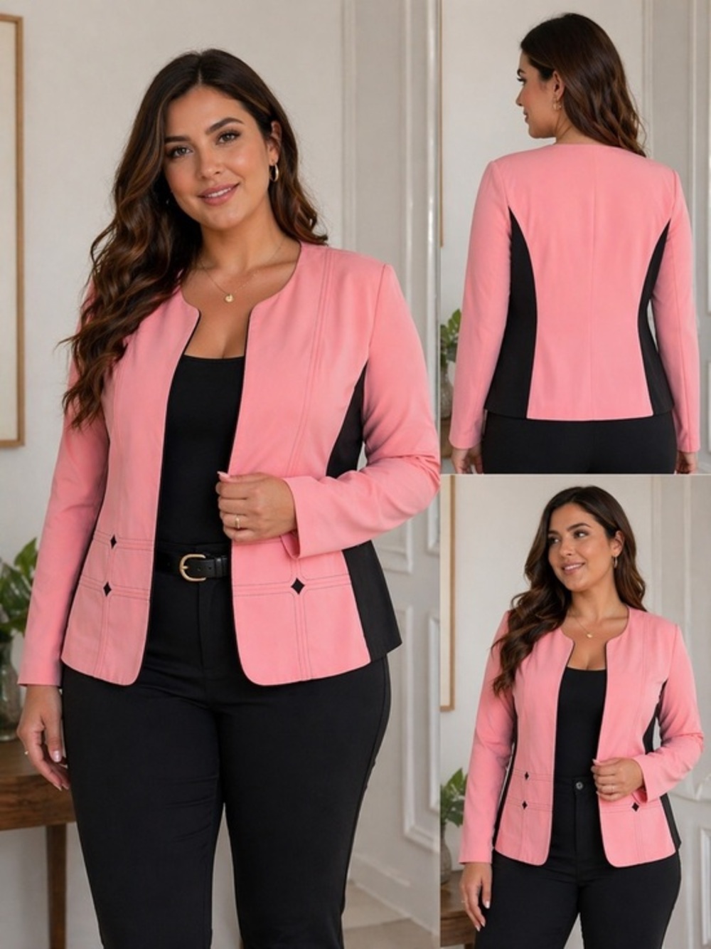 Perceptions Pink Black Blazer Tailored Open Front Size 10 Women